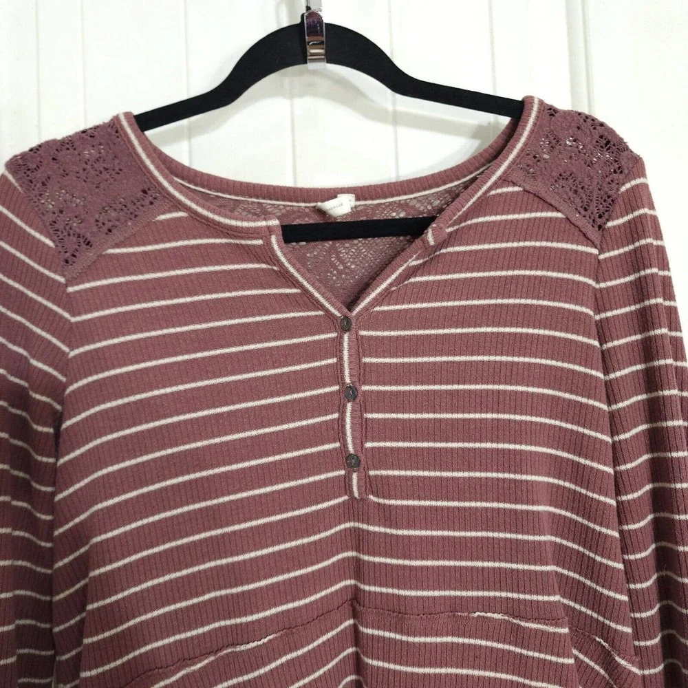 Anthropologie Womens Sleep Shirt Campground Maroon Striped Thermal Henley Top S